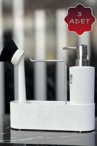 3'lü Krom Kapaklı Beyaz Plastik Deterjanlık Fırçalı Mutfak Banyo Temizlik Seti Düzenleyici Mıt1177 Çok Renkli