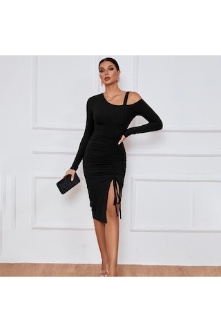 Hnxc Kadın Moda Yaz Bahar Düz Renk Baskı Uzun Kollu Yüksek Bel Günlük Elbiseler Siyah