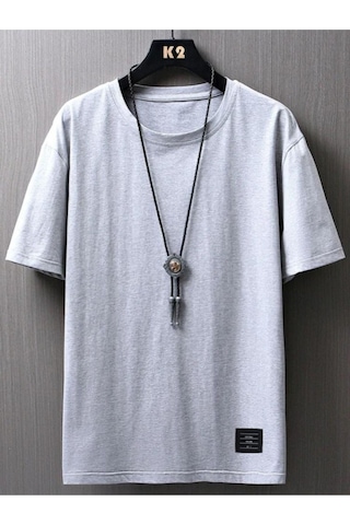 Erkek Gri Oversize Küçük Baskılı T-shirt Gri