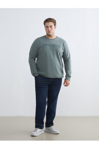 Lcwaıkıkı Classic Yeşil Büyük Beden Bisiklet Yaka Baskılı Erkek Kalın Sweatshirt