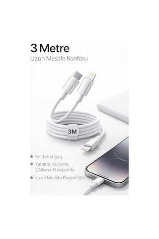 İphone Uyumlu Usb-c To Lightning Şarj Ve Data Kablosu, Beyaz 3m Diğer