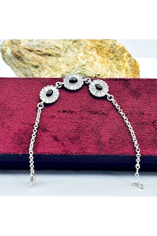 Oval Model Zirkon Ve Oltu Taşı İşçilikli 925 Ayar Gümüş Bileklik Gümüş - Siyah