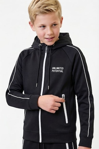 Pina Kids Erkek Çocuk Unlimited Şeritli Kapüşonlu Düz Paça Reglan Kol Dalgıç Kumaş Eşofman Takımı Esf7014 siyah