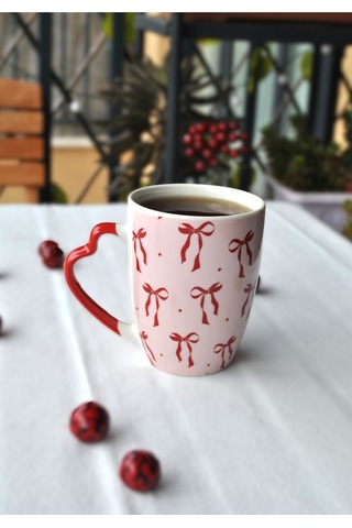 1 Adet Kurdeleli Kupa Seramik Çay Kahve Kupası 330 Ml Kurdele Sevgililer Günü Pembe