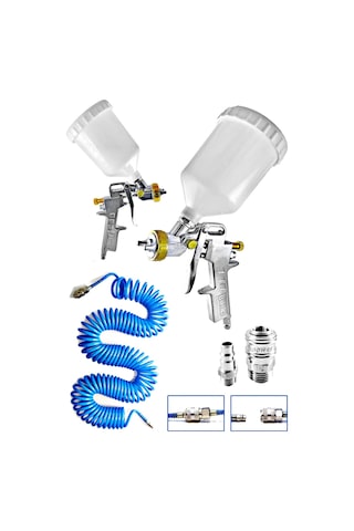 Havalı Üstten Depo 1,3mm Boya Tabancası,Spiral Hava Hortumu 15mt