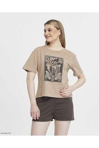 Bella Dossi Pamuklu Kısa Kollu Baskılı Kadın Şortlu Yazlık Pijama Takımı Bej