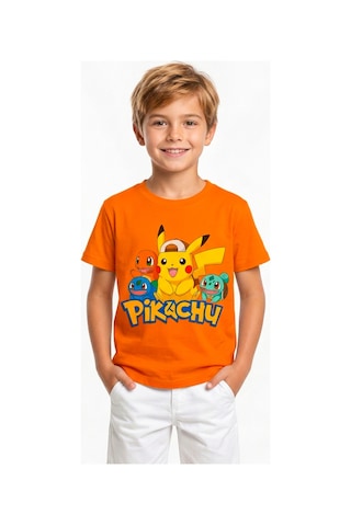 Book Orbook Pikachu Charmander Bulbasaur %100 Pamuk Premium Kalite Çocuk Tişörtü 3-12 Yaş Turuncu