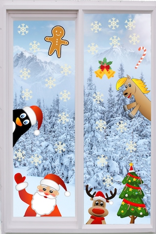 Yılbaşı Sticker Figürleri Noel Baba Ve Geyik ve Kartanesi Pencere Duvar