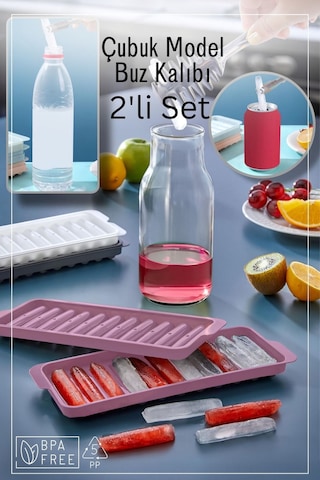 11 Bölmeli Çubuk Model Buz Kalıbı / 2'li Set - Pembe Pembe