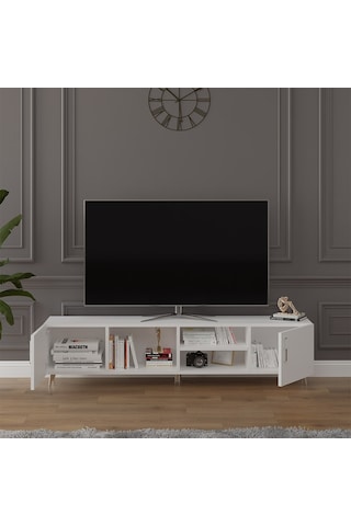 Asra Trend Tv Ünitesi T-09 %100 MDF 180 cm Tv Sehpası Dolaplı Raflı Beyaz