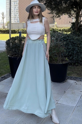 WeShaya Kadın Mint Beli Lastikli, Cepleri Hasır İşlemeli, Rahat Kesim, Uzun Kiloş Etek Mint