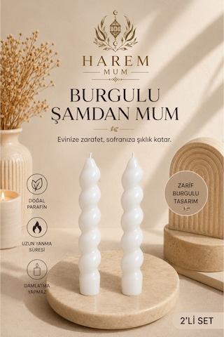 Beyaz Burgulu Şamdan Mum El Yapımı 2 Li Set