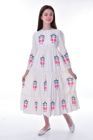 Kız Çocuk Pamuklu Keten Uzun Boydan Astarlı Elbise Kırmızı-krem