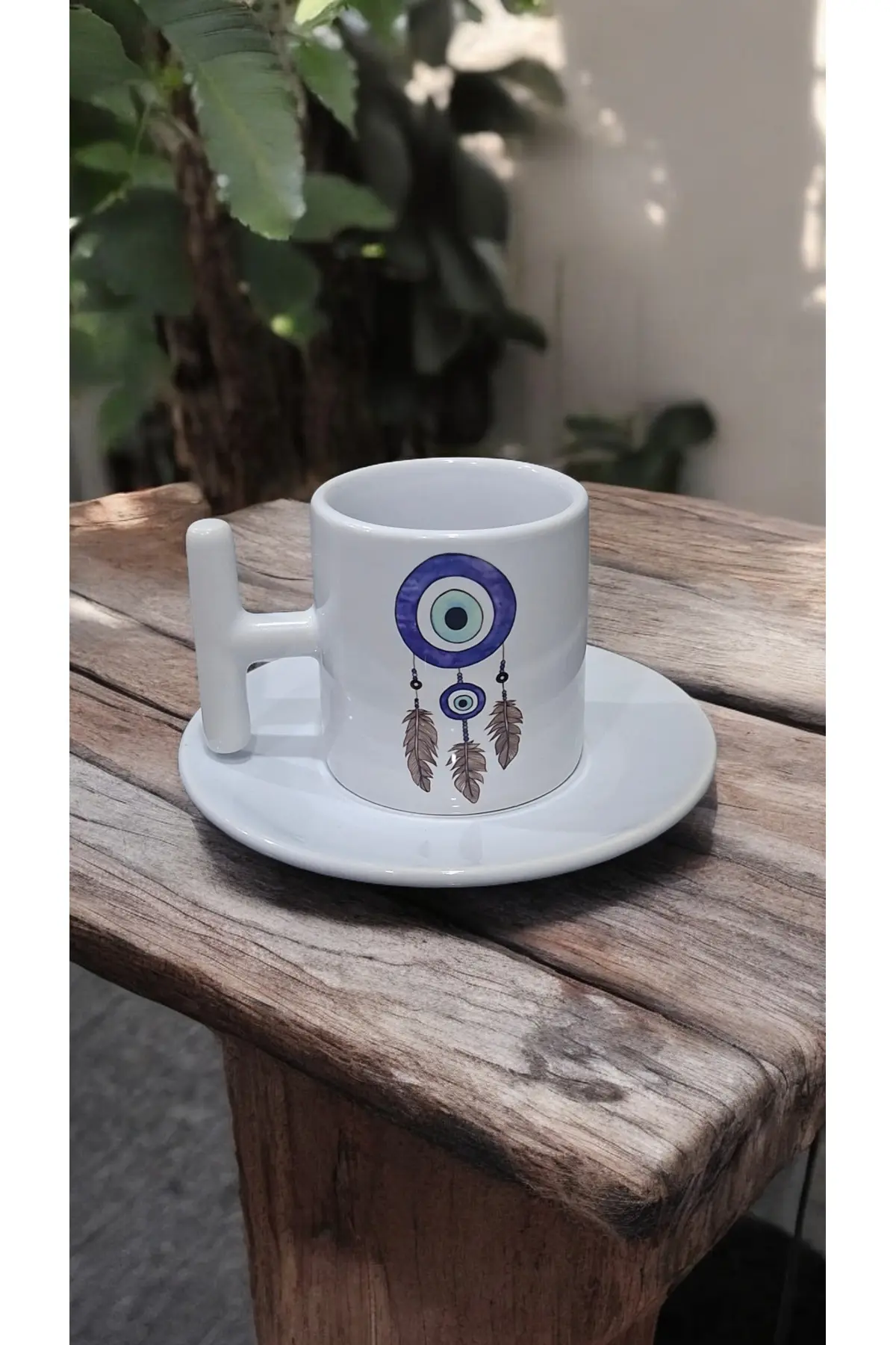 Nazar Boncuklu 90 Ml Özel Güne Özel Tasarım Hediyelik Beyaz T-kulplu 6 Kişilik Türk Kahve Fincanı Takımı