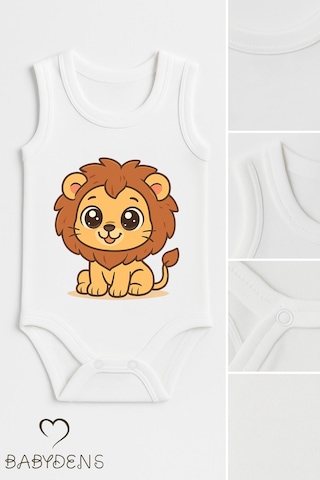 Babyden's %100 Pamuklu Hayvan Figürlü Kolsuz Çıtçıtlı Bebek Body Nefes Alabilir Unisex Zıbın Aslan Beyaz