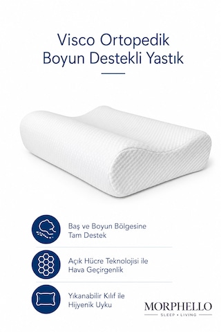 Morphello Ortopedik Boyun Destekli Visco Yastık 60x40 Cm Orta Sert, Yıkanabilir Kılıflı Ergonomik Yastık Beyaz