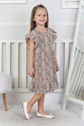 New Kids Leopar Desenli Kız Çocuk Elbise-90721 Kahverengi