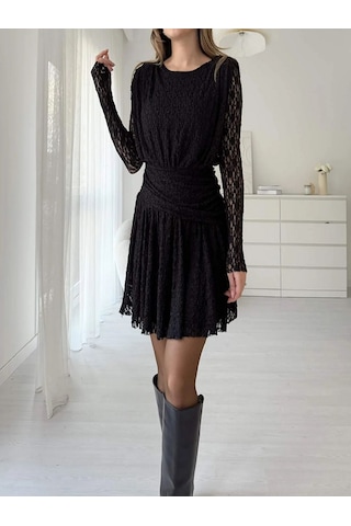 Mirve Butik Dantelli, Drapeli, Astarlı Mini Elbise Siyah