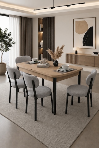 Renlife Açılır Yemek Masası Ve Sandalye Seti Metal Ayaklı 4 Sandalye + 80x130 Masa Sonomo Gri
