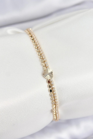 Pirinç Zirkon Taşlı Ezme Zincirli Kalp Model Gold Renk Kadın Bilekilk Çok Renkli