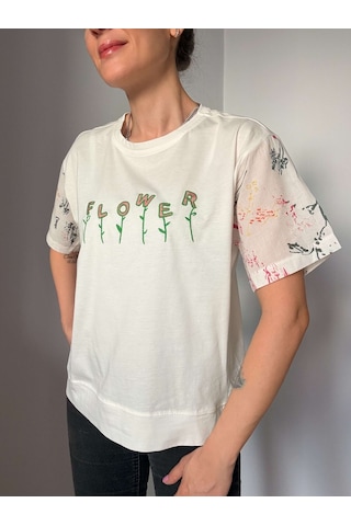 Ali Butik Ekru Flower Baskılı Tişört Ekru