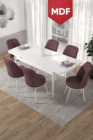 Canisa Concept Kor Serisi 70x114 Açılabilir Beyaz Mutfak Masası Takımı-6 Adet Gülkurusu Sandalye Masalar Beyaz Sandalyeler Gülkurusu