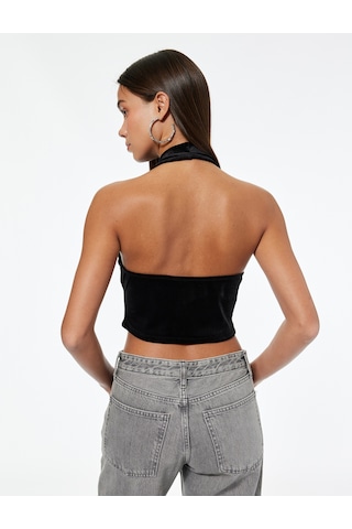 Koton Slim Fit Kadife Degaje Yaka Kolsuz Crop Bluz Siyah 7wal30002ık
