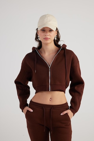 Holly Lolly Kadın Kahverengi Kapüşonlu Uzun Kol Fermuarlı Crop Mixed Sweat Kahve