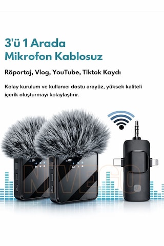 Nivego Yüksek Kalite Profesyonel 3 In 1 Kablosuz Taşınabilir Youtuber Yaka Mikrofonu Tüylü Lightning / Type-c