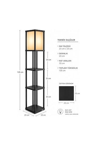Dekoratif Raflı Lambader Siyah, 135 Cm Modern Sehpalı Lambader, E27 Duy Uyumlu, 23x23 Cm Raflı Salon Yatak Odası Ofi Diğer