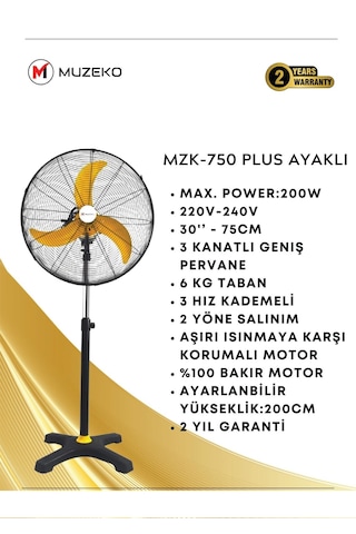 Muzeko Mzk-750 Mega Plus 30 Inç Sarı Kanatlı Sanayi Tipi Ayaklı V