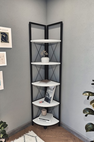 Bofigo 5 Raflı Metal Köşe Kitaplık Dekoratif Aksesuar Rafı Beyaz