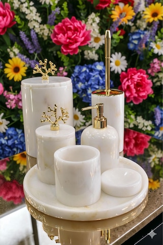 Hüsomar Design 7 Li Beyaz Mermer Banyo Seti Beyaz - Sarı