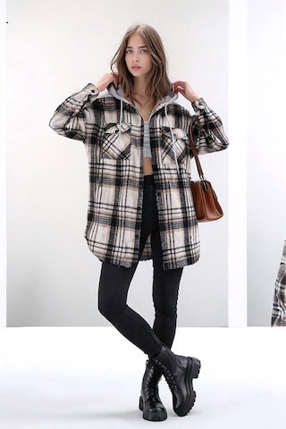 Mamayaga Kadın Desen Bloklu Oduncu Oversize Geniş Kalıp Casual Cepli Kapüşonlu Uzun Boy Ceket Gömlek Bej