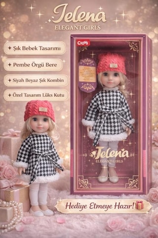 Jelena Elegant Girls Tatlı Moda Oyuncak Bebek 16 İnç Pembe Bereli Şık Kombin, Hediye Kutulu Koleksiyon Bebek