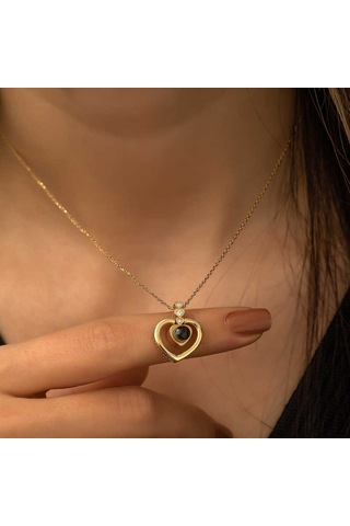 Gümüş Gold Kalp 100 Dilde Seni Seviyorum Kolye 01 - Gold