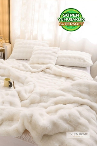 Kürk Yatak Örtüsü Çift Kişilik Dolgulu Peluş Yumuşak Çift Taraflı Yorgan 3 Parça Loria Kırık Beyaz Krem Kırık Beyaz