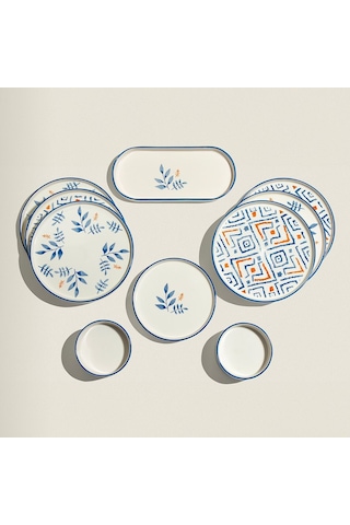 Nehir Blue Orange 6 Kişilik 13 Parça Seramik Kahvaltı Takımı Beyaz - Mavi