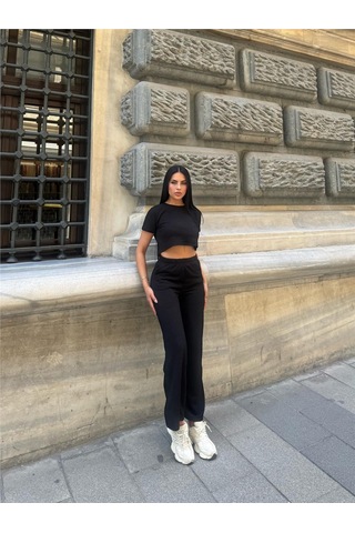 WeShaya Siyah Modal Polyester Dokulu Bisiklet Yaka Takım Siyah