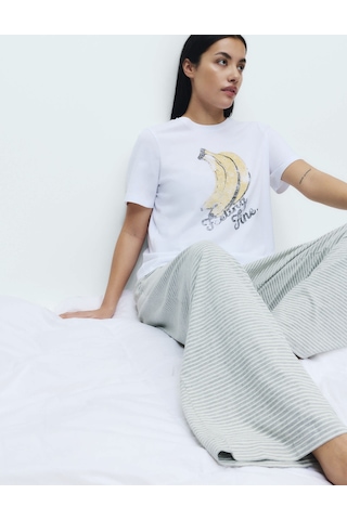 Marks & Spencer Saf Pamuklu Baskılı Pijama Takımı T37004628F Gri