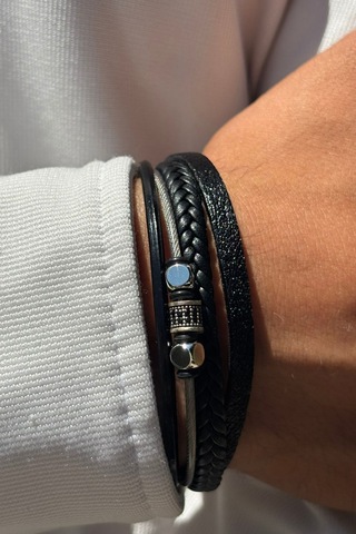 El İşçiliği İle Üretilmiş Hakiki Deri Erkek Bileklik Gümüş - Siyah