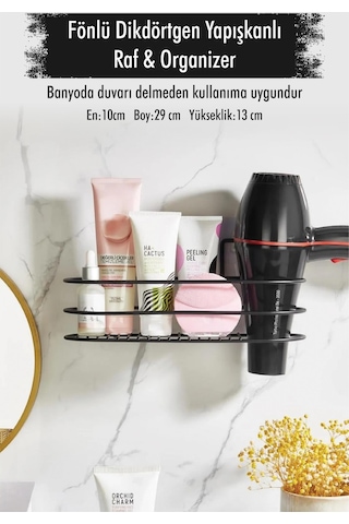 Paslanmaz Çelik Yapışkanlı Fönlü Duvar Rafı & Organizer & Banyo Duş Askısı