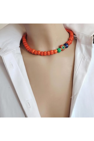 Turuncu Cam Kabak Boncuk Nazar Detaylı Choker Kolye Turuncu