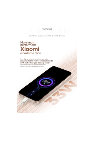 Simex Xiaomi, Redmi, Poco, Uyumlu 33 Watt Hızlı Turbo Şarj Seti Ce Belgeli Sps-19