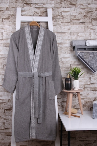 Baveno %100 Pamuk Jakarlı Gri Kimono Bornoz Gri