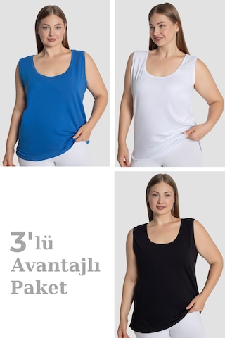 Arma Yıldız Kadın Pamuklu Büyük Beden Kalın Askılı Atlet 3'lü Paket Mavi Beyaz Siyah