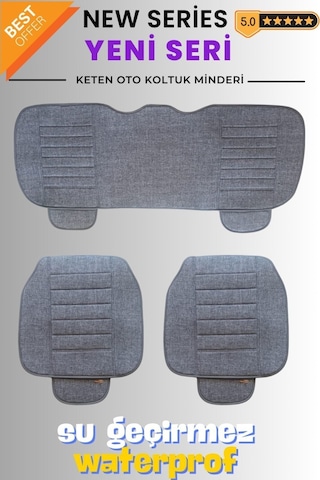 Keten Su Geçirmez Ön Arka Araba Koltuk Minderi 3'lü Oturak Cepli Gri