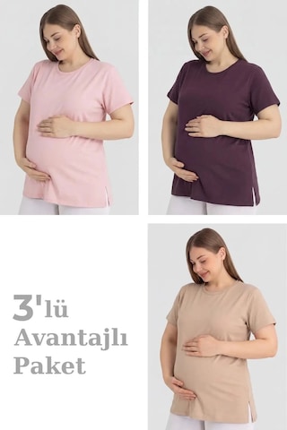 Carlburn Özel Üretim Pamuklu Kısa Kollu Hamile Tişört 3'lü Paket Günlük Pratik Aktivite Pembe Mürdüm Bej