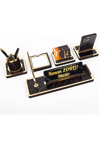 Mermer Desenli 5 Parça Ahşap Masa İsimliği Ofis Hediyesi İsimlik