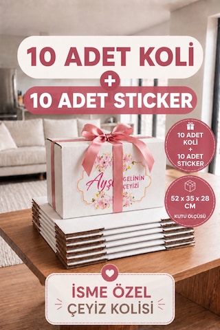 Kişiye Özel Çeyiz Kolisi Seti 52x35x28 Cm 10 Adet Beyaz Bc Dalga Koli + 10 Adet İsimli Sticker Diğer